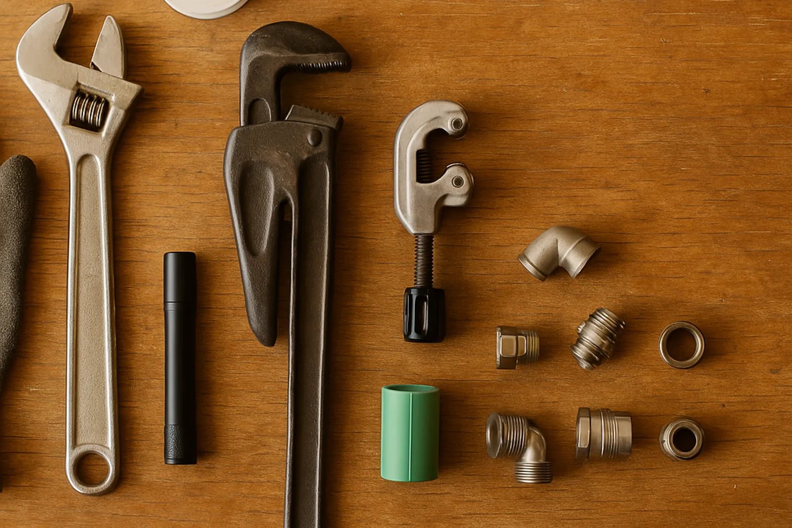 Herramientas de fontanero preparadas sobre una mesa de trabajo